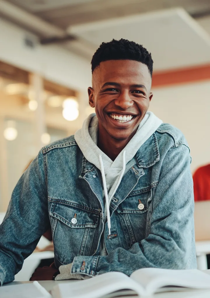Young Black man with short hair smiling broadly at the camera, wearing a denim jacket over a gray hoodie in a bright indoor space.