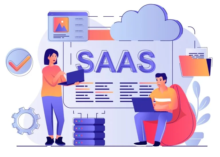 Illustration of people using laptops with 'SAAS' text, cloud, and tech icons, representing software as a service concept.