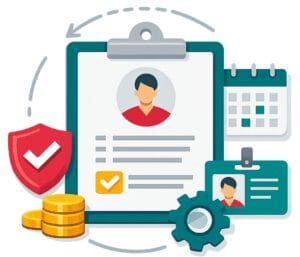 Profile setup graphic with clipboard, shield, coins, calendar, and ID badge, symbolizing security and identity management.