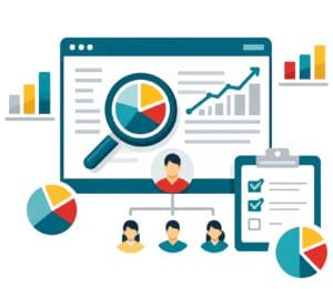 Illustration of data analysis with charts, graphs, magnifying glass, and team, emphasizing business growth and teamwork.