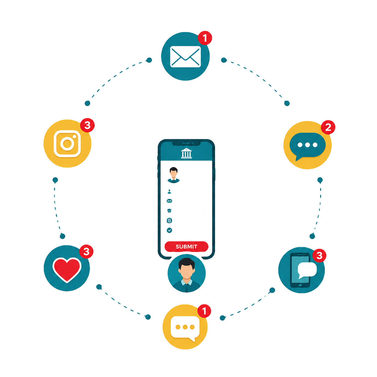 Mobile notification concept with icons: email, messages, social media alerts, and heart notifications.