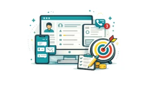 Digital marketing icons: computer, smartphone with messages, target with arrow, checklist and notifications.