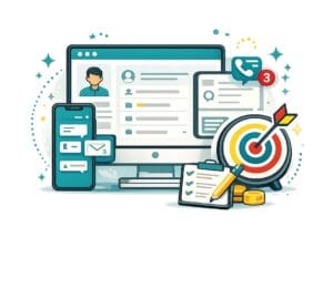 Digital communication tools with notifications, target symbol, and checklist highlighting online engagement and productivity.