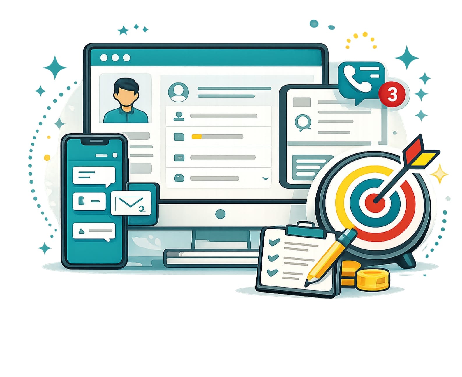 Digital marketing concept with devices, target, communication icons, and checklist representing online business strategies.