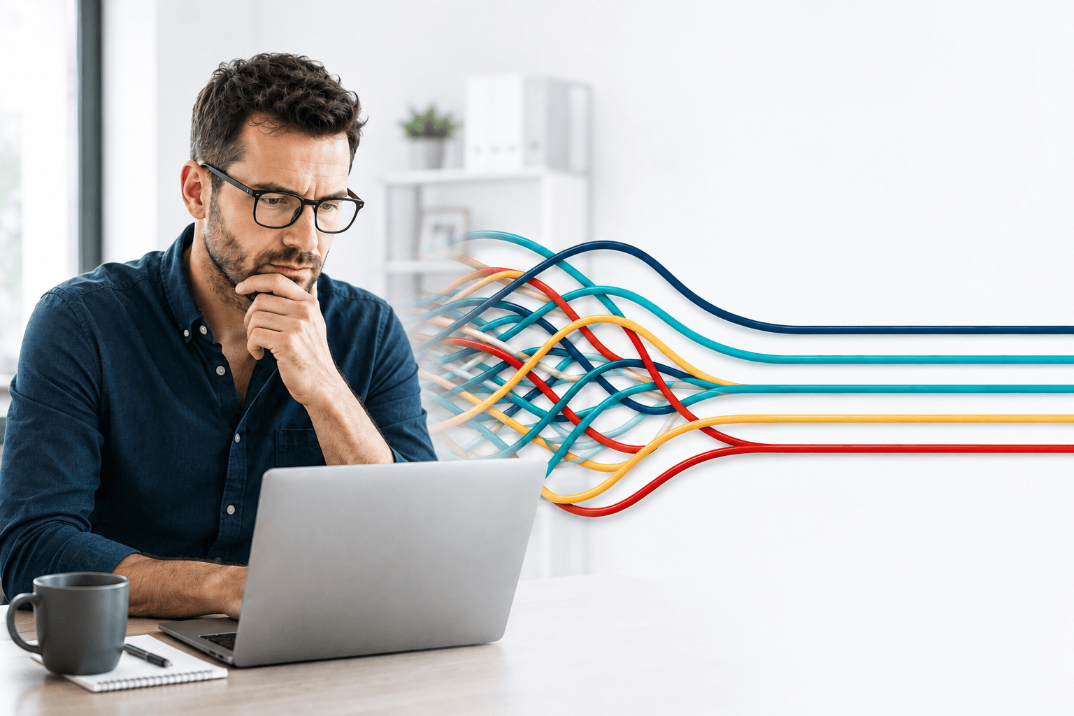Man working on laptop with colorful data flow lines, illustrating technology and information management.