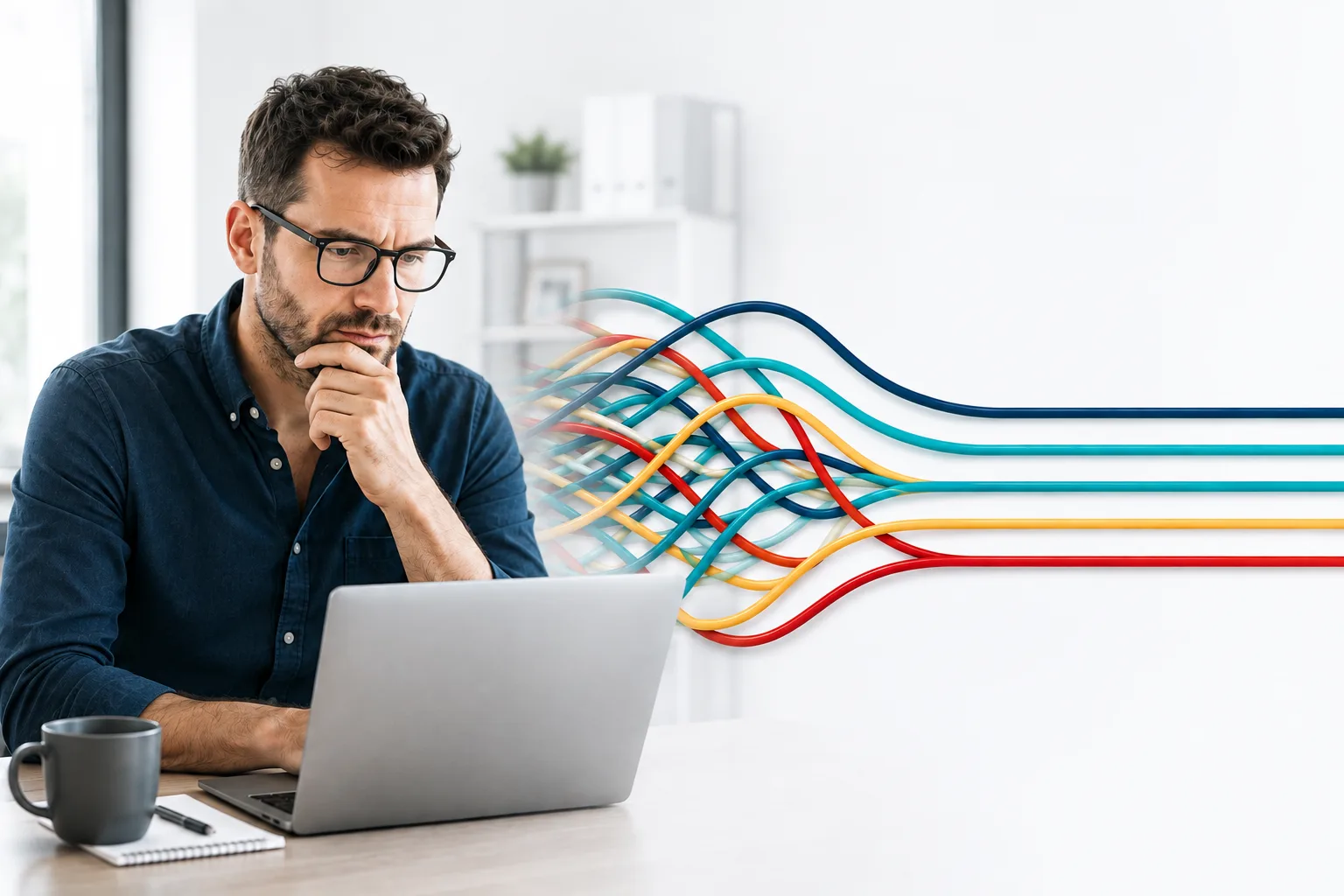 Man focused on laptop with colorful data flow lines, representing digital strategy and data analysis concepts.
