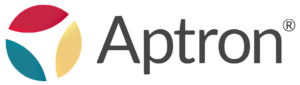Aptron logo with red, blue, and yellow curved shapes forming a circle, alongside the company name in bold black text.