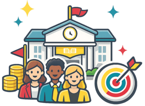 Illustration of diverse team with a target, coins, and a building, symbolizing goal achievement and financial success.