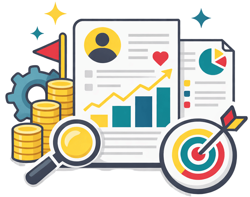 Illustration of business growth with graphs, coins, and target symbolizing financial success and strategy development.