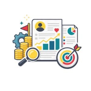 Illustration of business growth with charts, graphs, coins, magnifying glass, gear, and target symbolizing success.